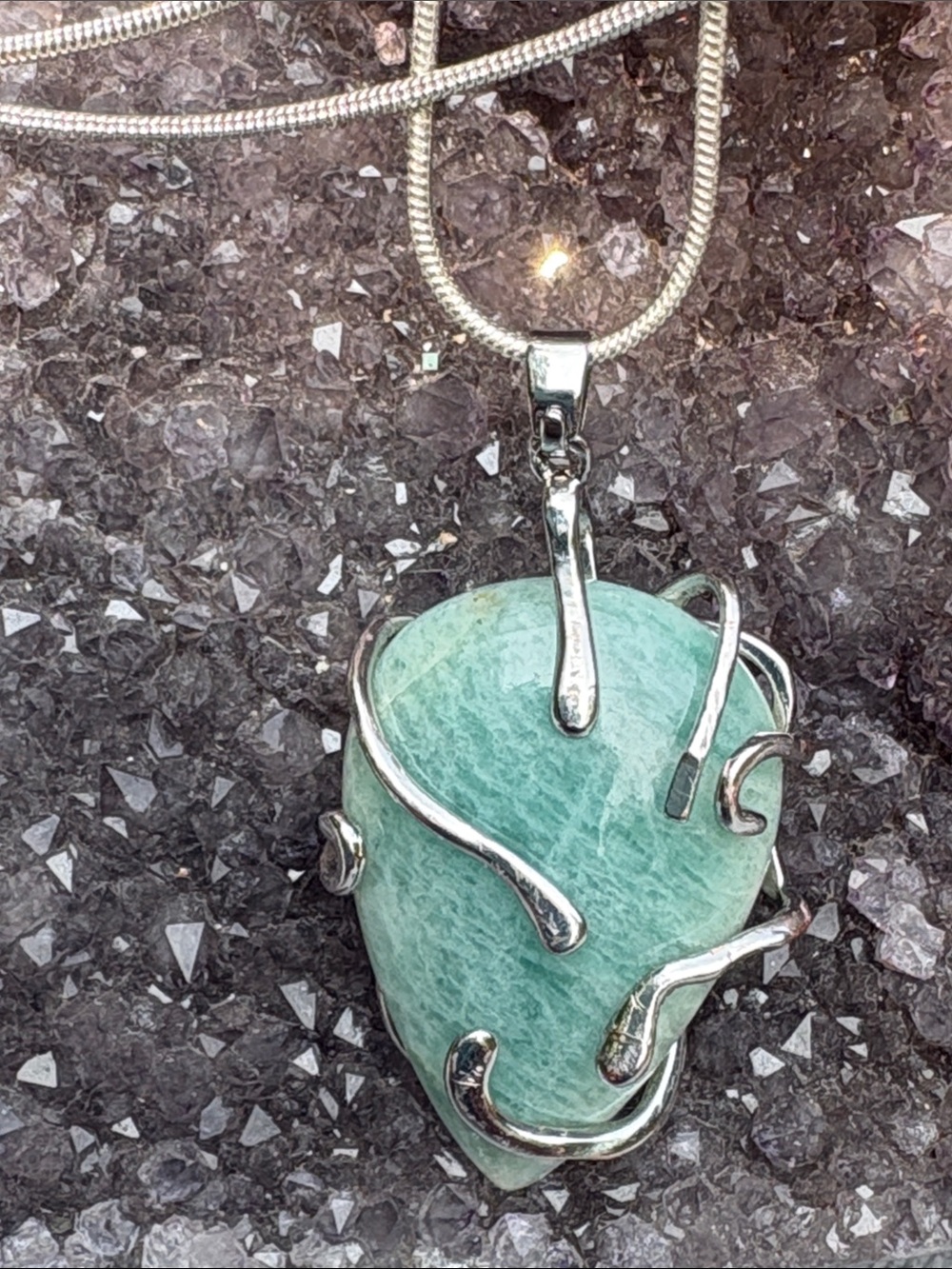 Amazonite wrapped on silver chain